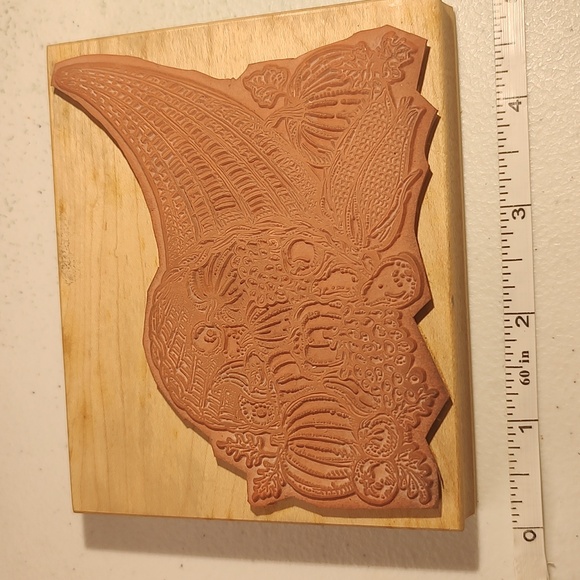 Cornucopia Rubber Stamp, Wood Mounted, Pumpkins, Corn, Squash, Leaves, Apples - Picture 2 of 4